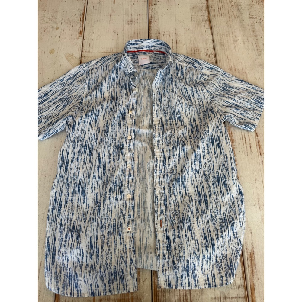 SWIMS Blue White Abstract Ikat Print Cotton Short Sleeve Button Down Shirt Mens